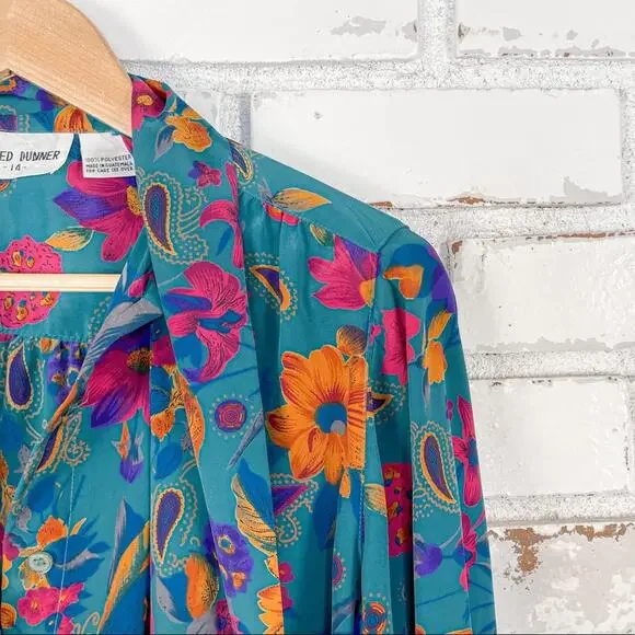 Vintage 80s Alfred Dunner Teal Pink Orange Floral Tie Neck Button Down Top 14 - Picture 6 of 9